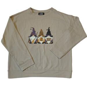 Feeling Festive Halloween 3 Gnomes Witches Halloween Tan Sweatshirt Women Siz M